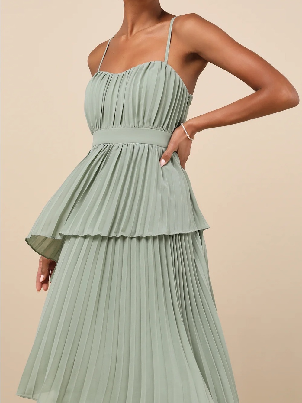 NWT Sz S Lulus Jehona Sage Brush Pleated Tiered Maxi Dress Green - Picture 4 of 9